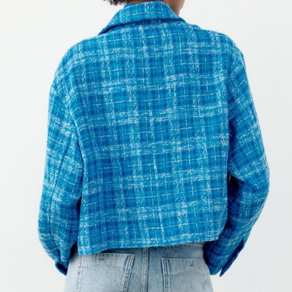 Zara Women's Plaid Tweed Cropped Long Sleeve Button Down Blazer Top Blue Size L. - Picture 6 of 16